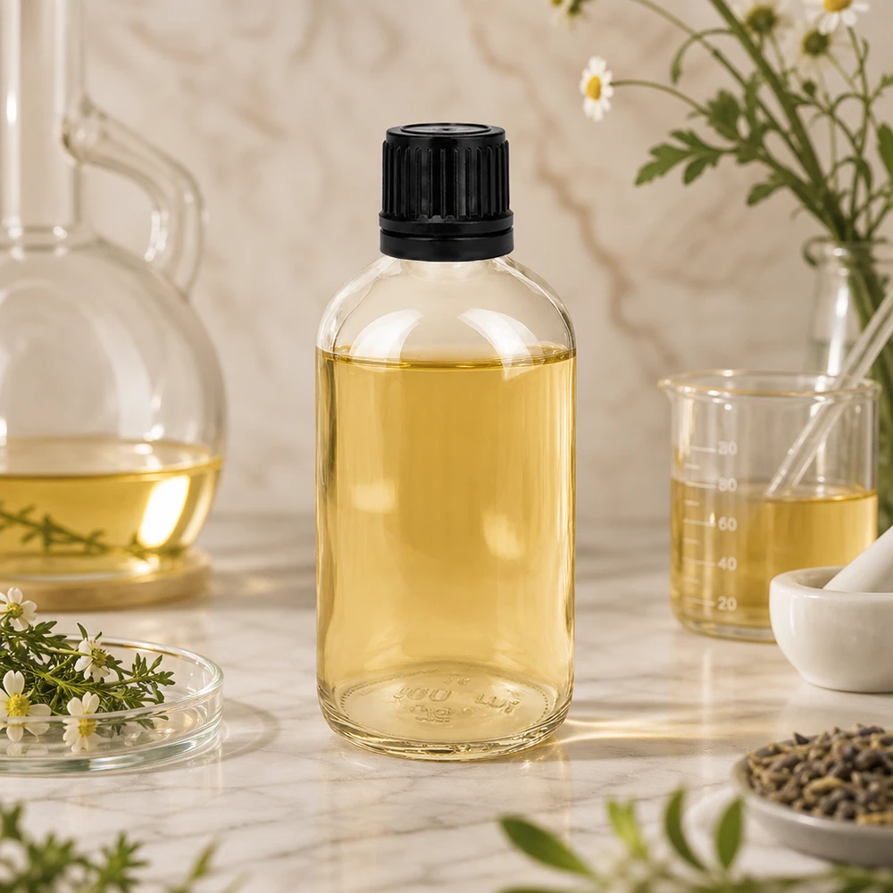 Flacone cilindrico in vetro trasparente da 100 ml con tappo a vite nero, contenente un olio di colore giallastro su fondo marmorizzato