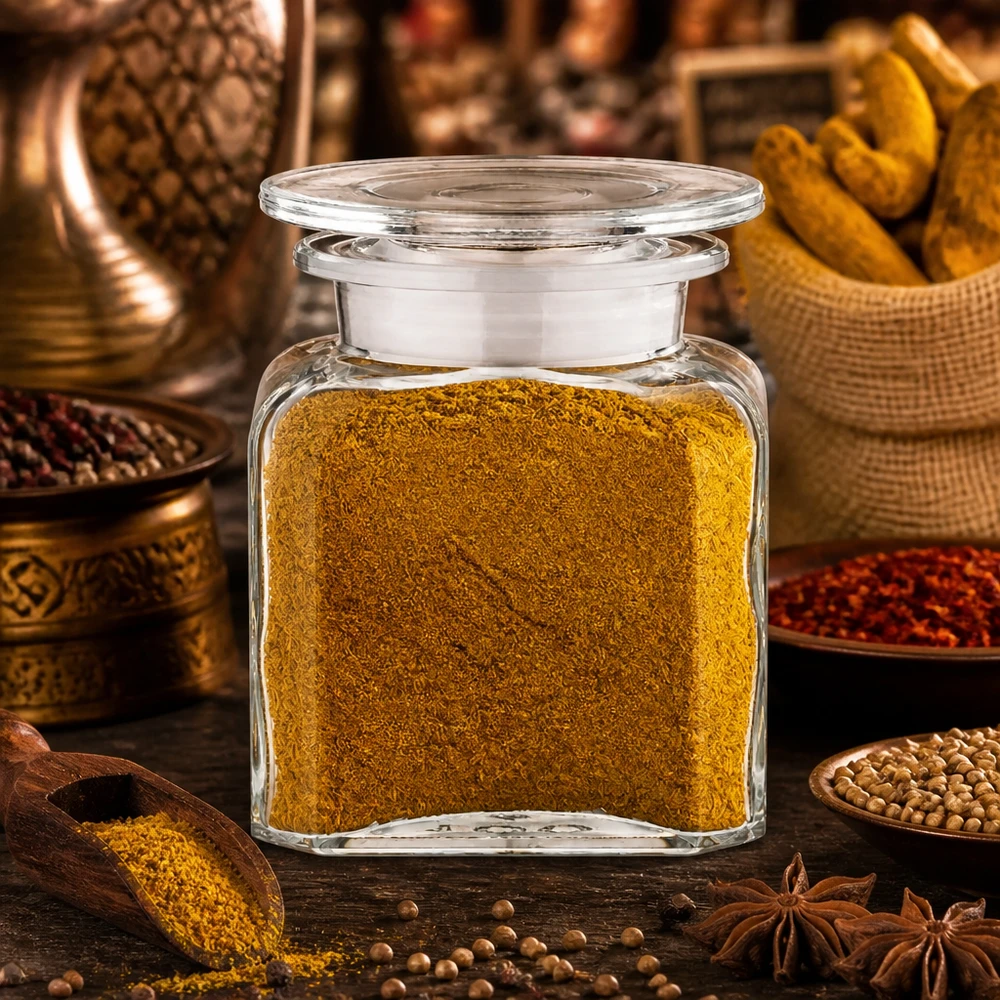 Idea barattolo per spezie: bottiglia da farmacia quadrata da 100 ml a collo largo Barattolo per spezie “Idea” da 100 ml con curry in polvere tra peperoncino, curcuma e coriandolo su fondo in legno