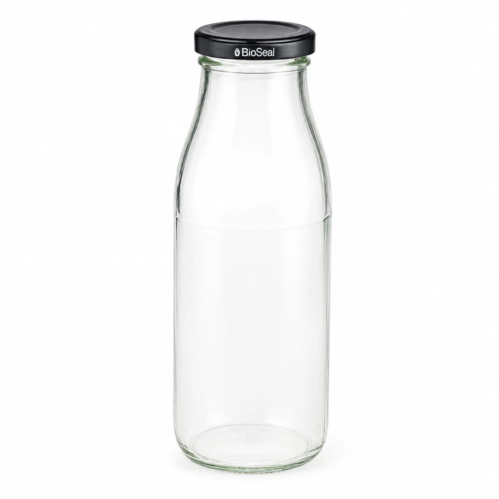 Bottiglia in vetro da 500 ml con coperchio nero BioSeal vuota e trasparente per bevande e conservazione