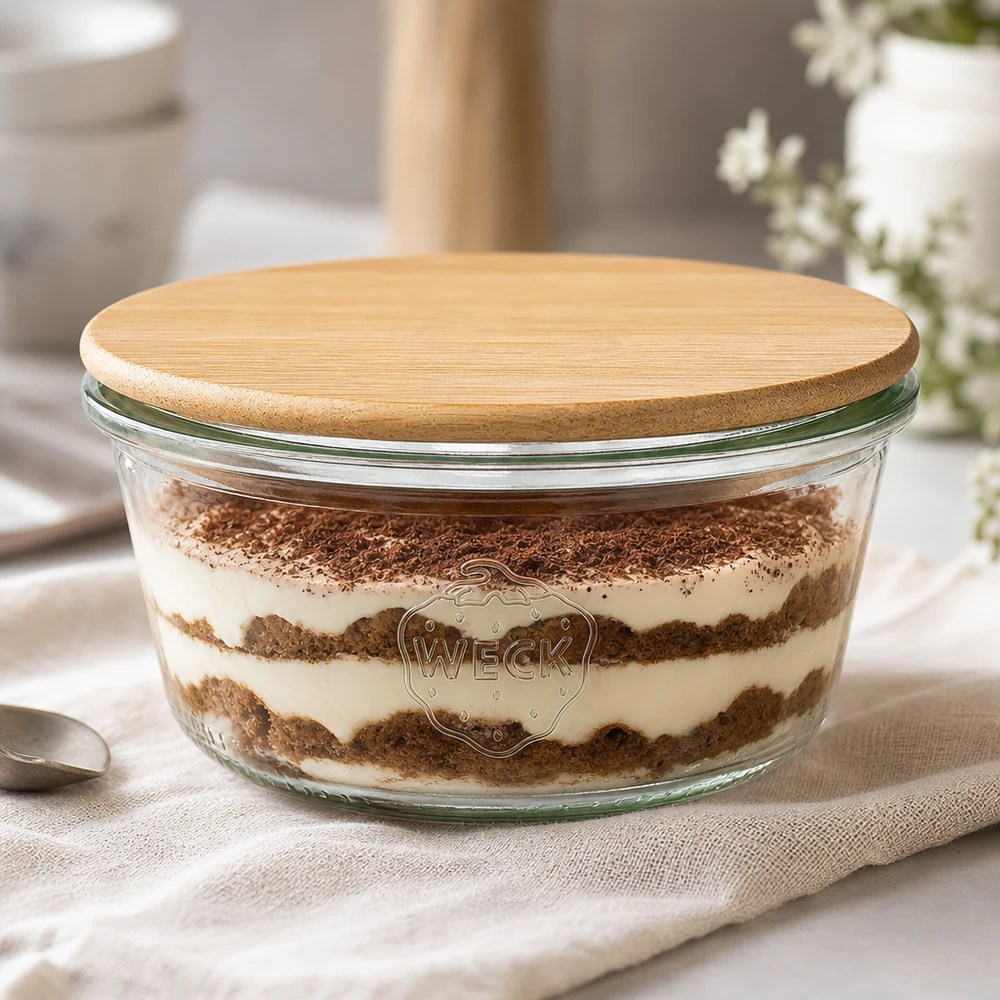 WECK Sturzglas 290ml RR100 mit Tiramisu gefüllt und Bambus-Holzdeckel, Dessertglas in eleganter Küchenszenerie