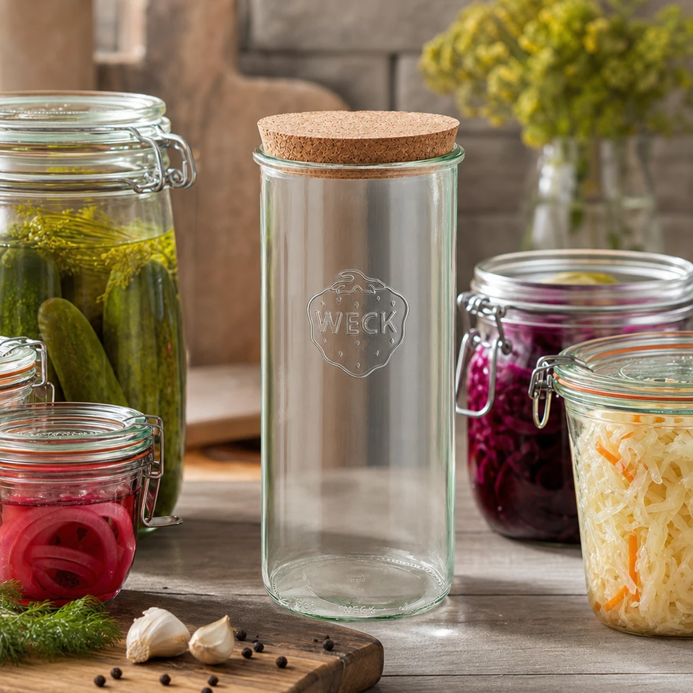 WECK Bocal 1500ml RR100 Scène de cuisine avec cornichons marinés Choucroute oignons rouges Couvercle en liège Conserver