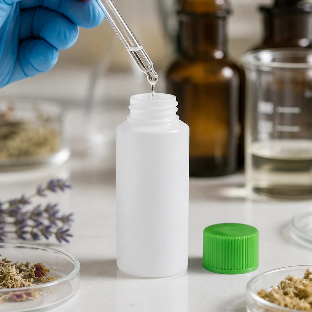 Flacon à pharmacie HDPE 30ml blanc avec bouchon vissable vert Remplissage d'une bouteille blanche en PEHD de 30 ml avec du SV vert à l'aide de gants de laboratoire bleus