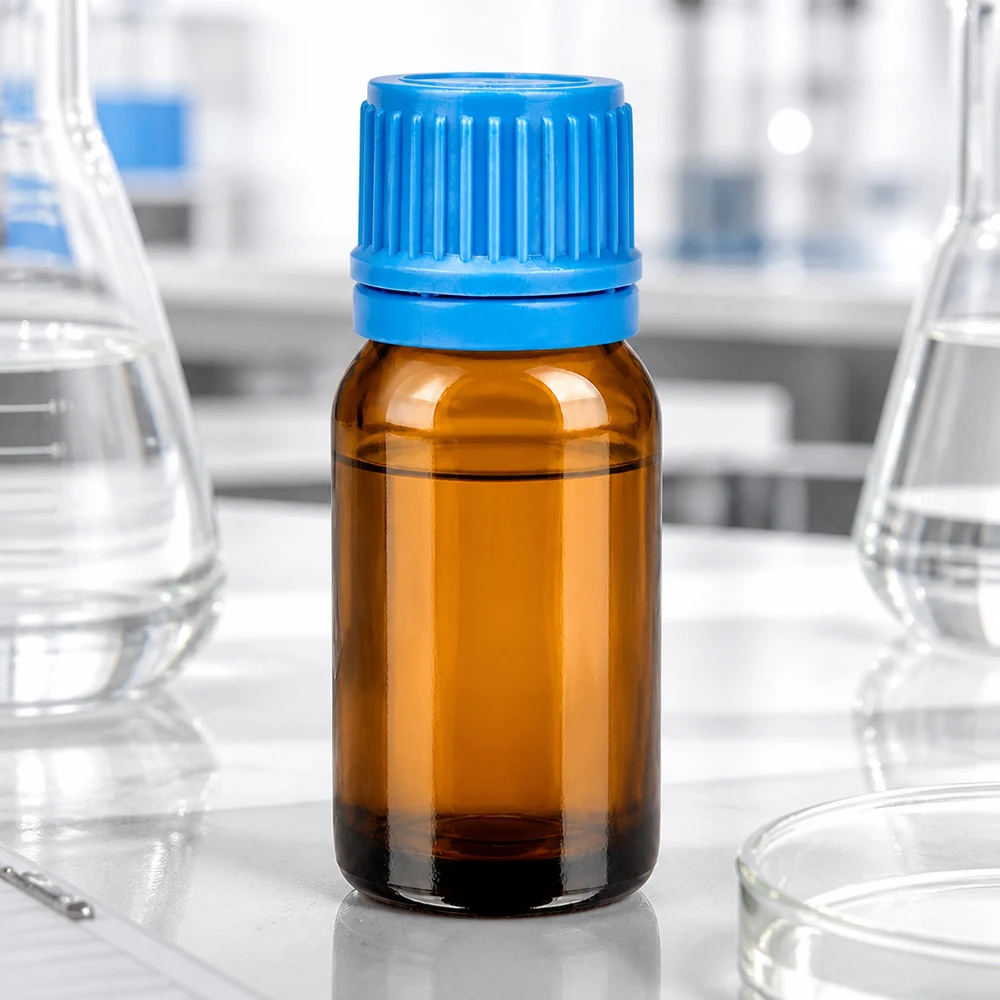 Flacone in vetro BrownLine da 10 ml testato in laboratorio con tappo a vite blu per preparazioni mediche