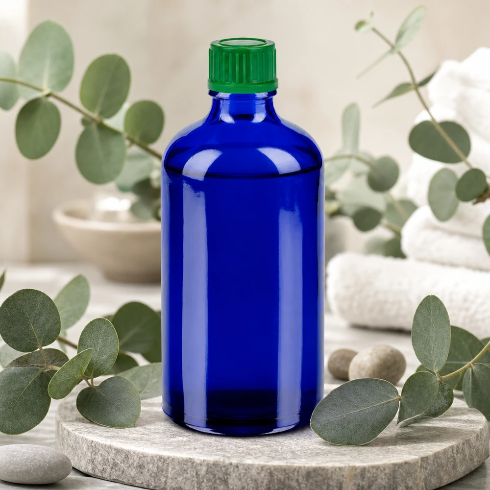 Pratico flacone in vetro da 100 ml in blu royal con design ergonomico per una facile manipolazione