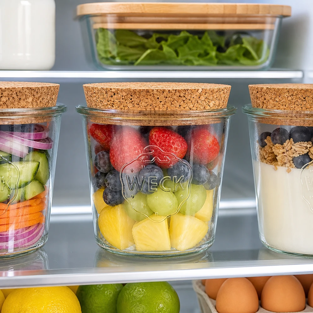580ml Sturzglas WECK RR100 mit Korken natur WECK Sturzglas 580ml RR100 Korkdeckel im Kühlschrank mit frischen Früchten Beeren und Meal Prep Organisation