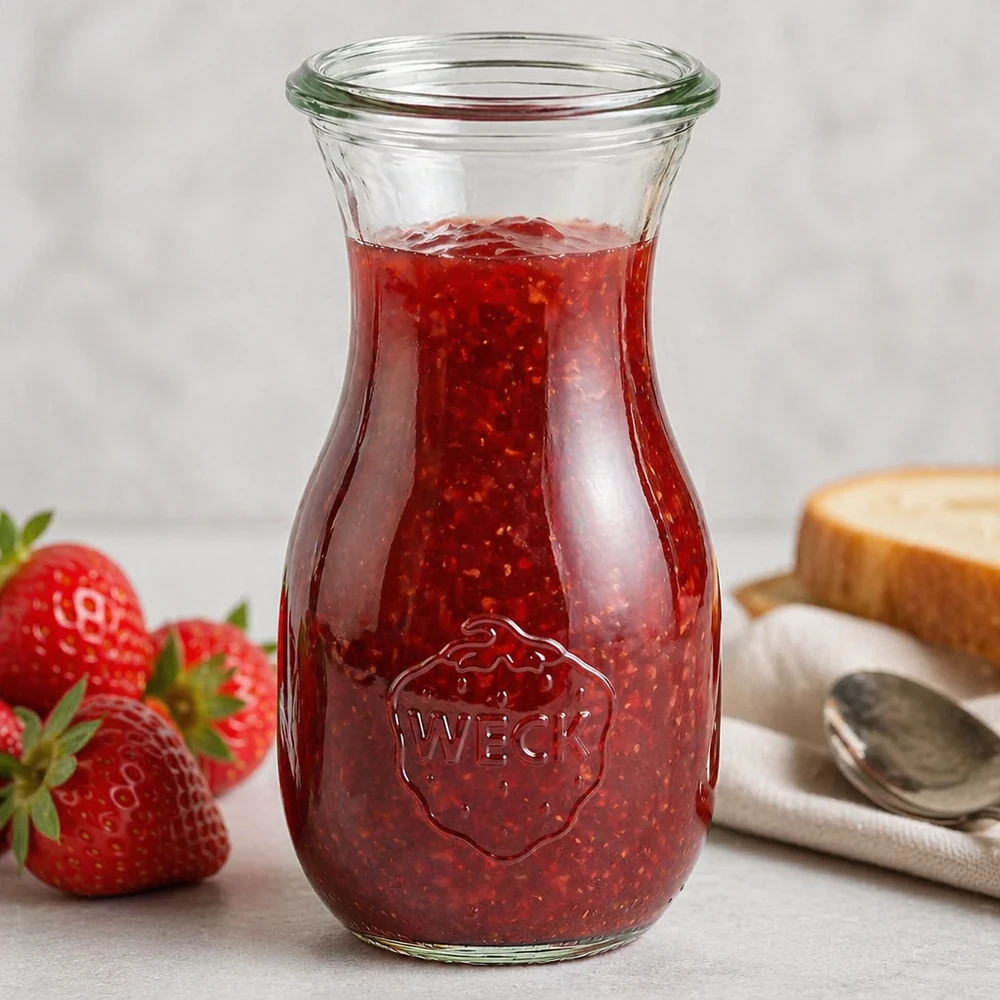 Bottiglia per succhi da 290 ml WECK RR60 Bottiglia di succo WECK da 290 ml RR60 riempita con marmellata di fragole rosse e logo aziendale visibile sulla superficie bianca