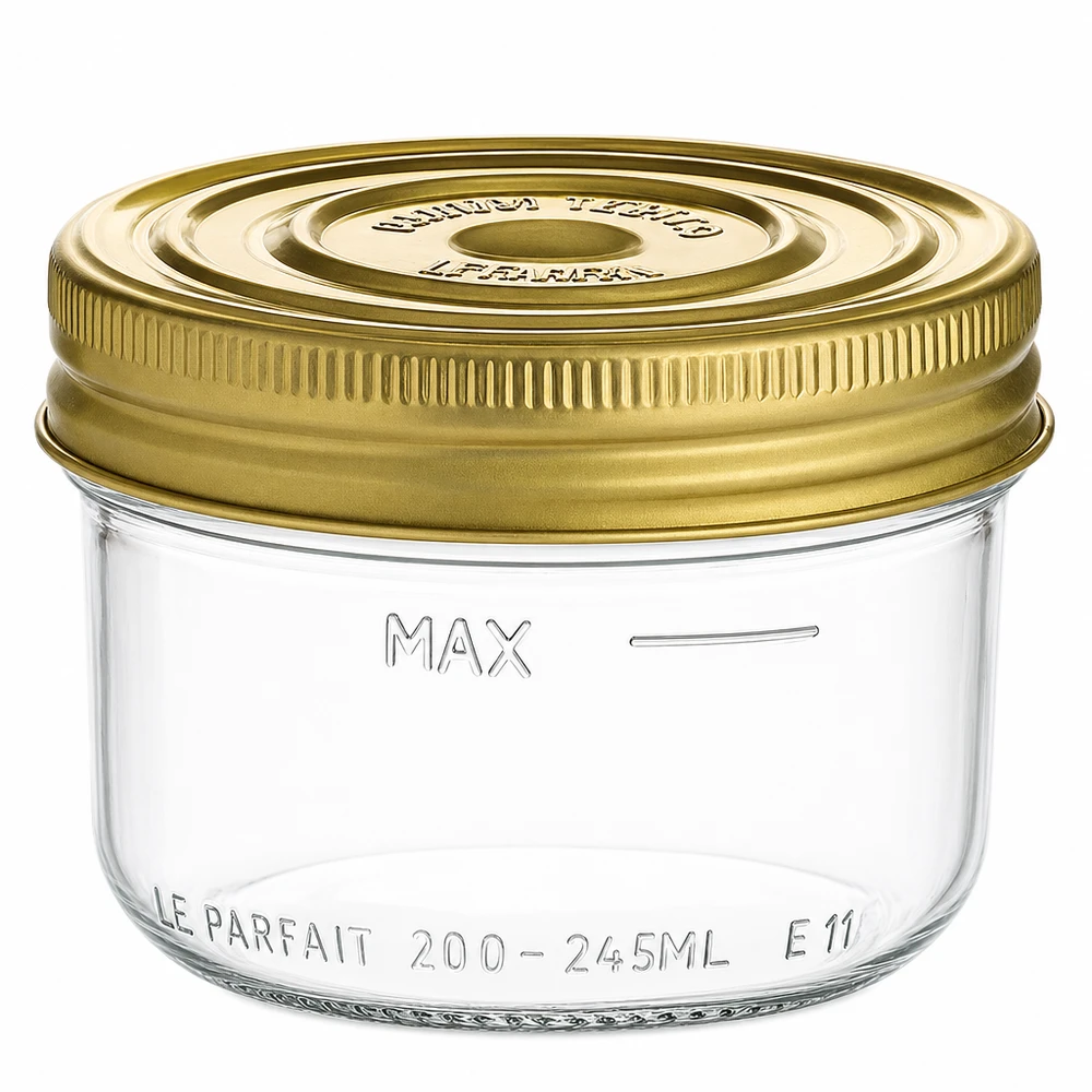 Le Parfait® Familia Wiss 200 g Ø82 mm vaso Vaso da 245 ml Familia Wiss con coperchio dorato a vite e contrassegno di livello massimo di riempimento per conserve e barattoli