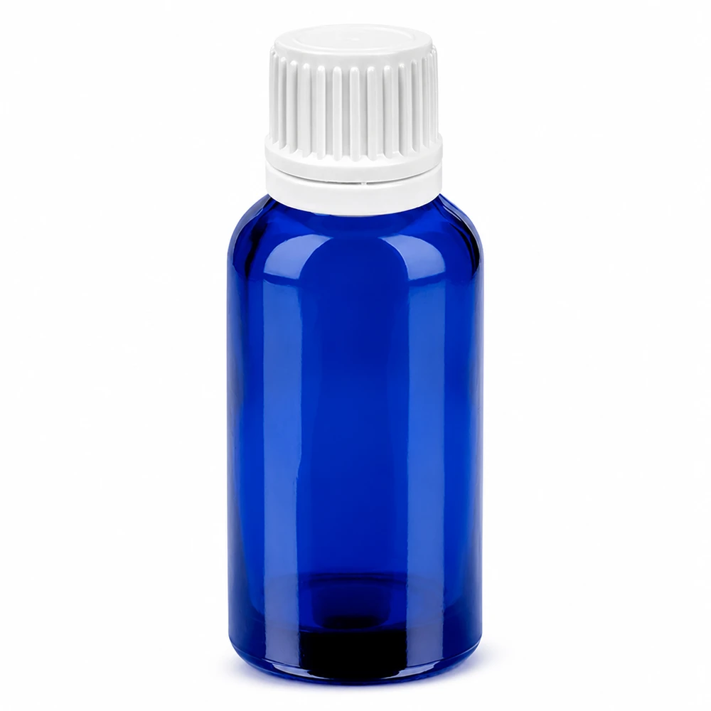 Flacon compte-goutte 30ml 0.7mm blanc OV BlueLine UT18/30 Flacon compte-gouttes UT18 de 30 ml à filetage bleu cobalt pour préparations liquides