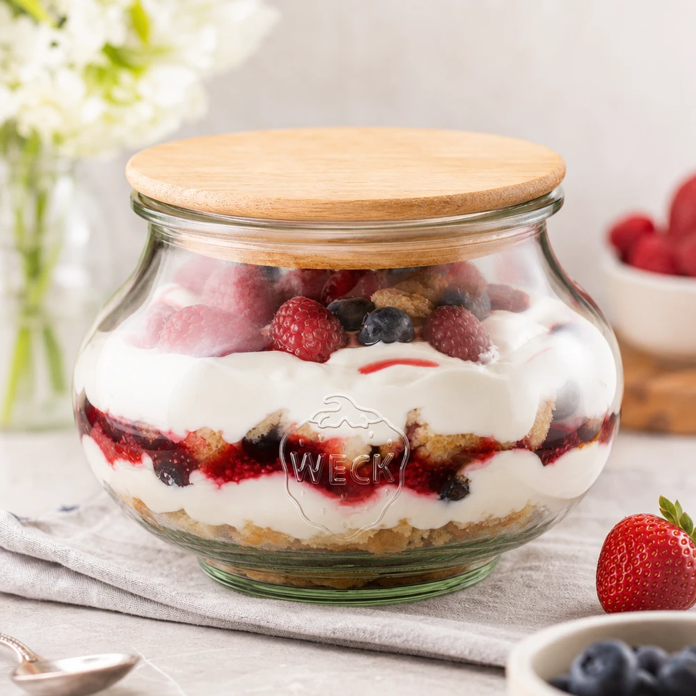560ml Schmuckglas WECK RR80 mit Holzdeckel WECK Schmuckglas 560ml RR80 Holzdeckel gefüllt mit Beeren Dessert Schichtdessert auf weißer Oberfläche Küchendeko
