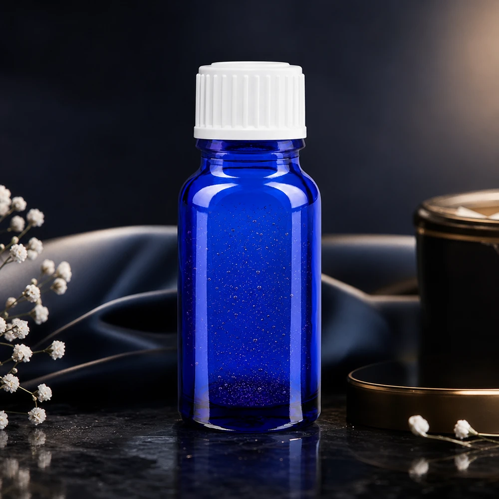 10ml blaue Serialflasche GR STD mit weißem Kindersicherheitsverschluss vor Seidenstoff