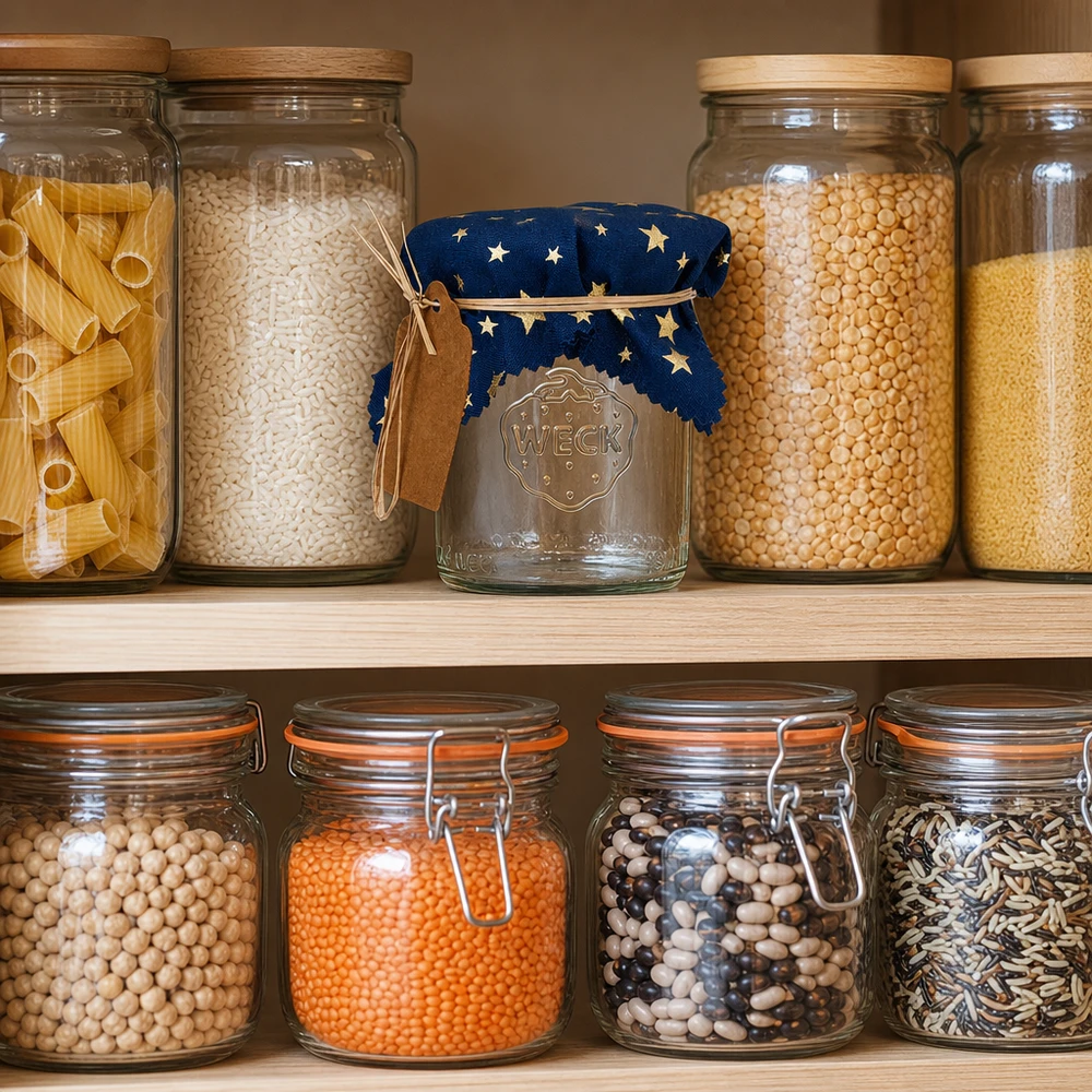 Centrino per gioielli in tessuto blu "stelle" 12cm quadrato Organizzatore per dispensa con centrino in tessuto blu a forma di stella su vaso di stoccaggio tra vari legumi e cereali