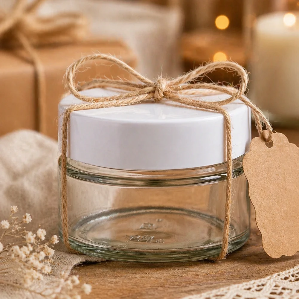 130ml Rundglas + BasicSeal Deckel weiß UNiTWIST 130ml Rundglas BasicSeal weiß als Geschenkverpackung mit Juteschnur und Anhänger - DIY Präsent Glasdose