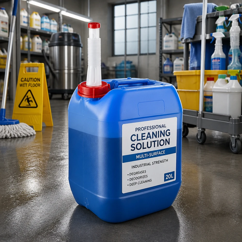 Bidon 10 litres bleu avec tube flexible Bidon de nettoyage bleu de 10 litres avec bec verseur flexible, destiné à un environnement de nettoyage professionnel