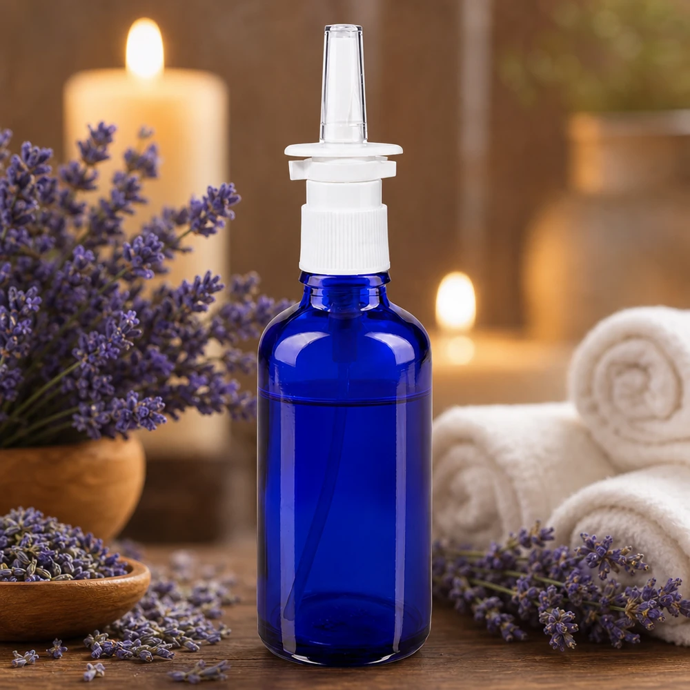 Kobaltblaue 50ml Flasche mit Nasenzerstäuber weißer Pumpe auf Holzoberfläche Spa-Atmosphäre