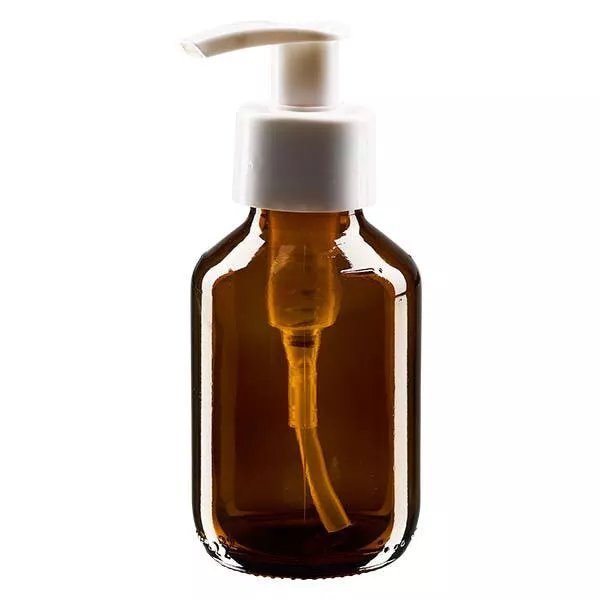 Flacone per medicinali da 100 ml marrone, con pompa dosatrice bianca ApoGlas
