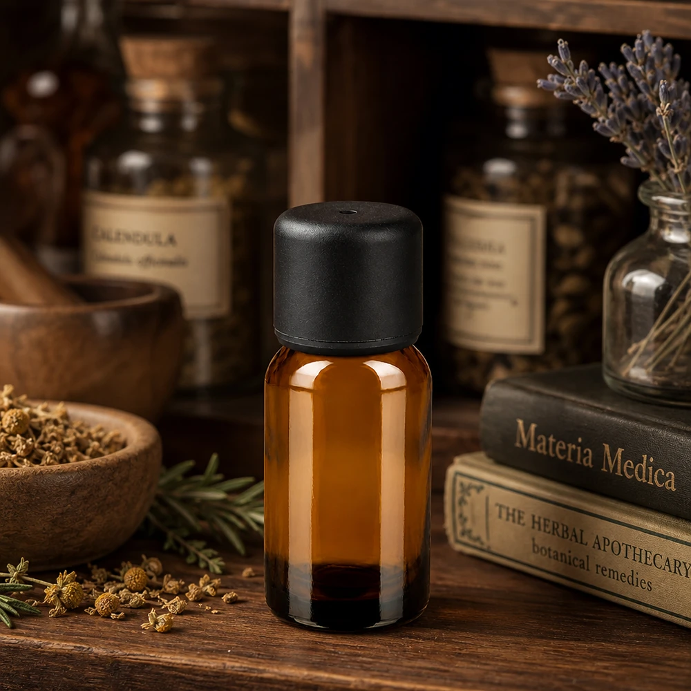 Flacone compatto da 10 ml in vetro ambrato con tappo a vite nero per un dosaggio preciso