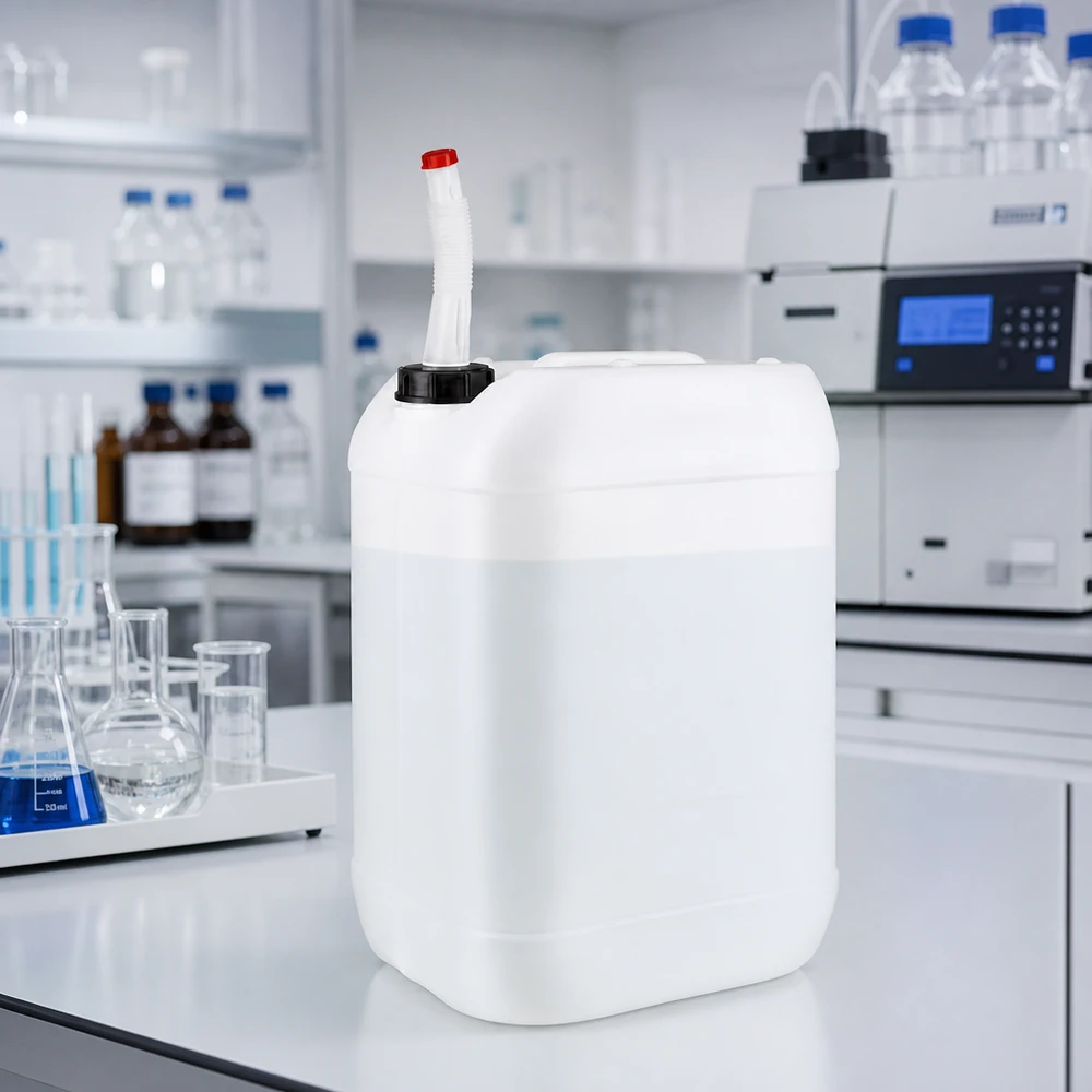 Bidon 25 litres avec tuyau d'écoulement Flex Bidon de 25 litres muni d'un bec verseur flexible, posé sur un plan de travail de laboratoire blanc à côté d'un ballon d'Erlenmeyer