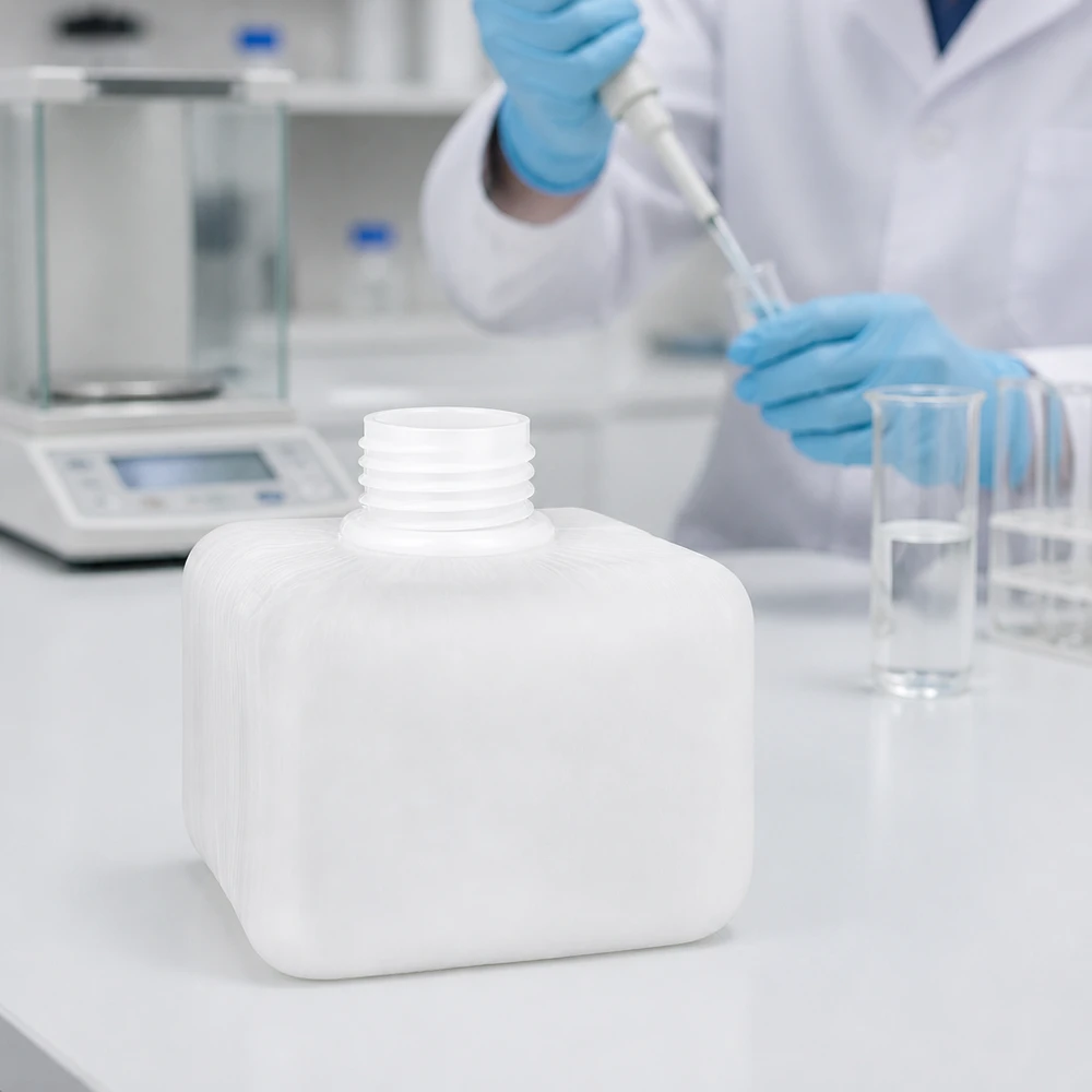 Flacon à produits chimiques 250 ml à col étroit, PEHD couleur naturelle, GL 28 Bouteille vide en PE-HD à col étroit de 250 ml, type GL28, avec un large col à vis, posée sur une paillasse de laboratoire