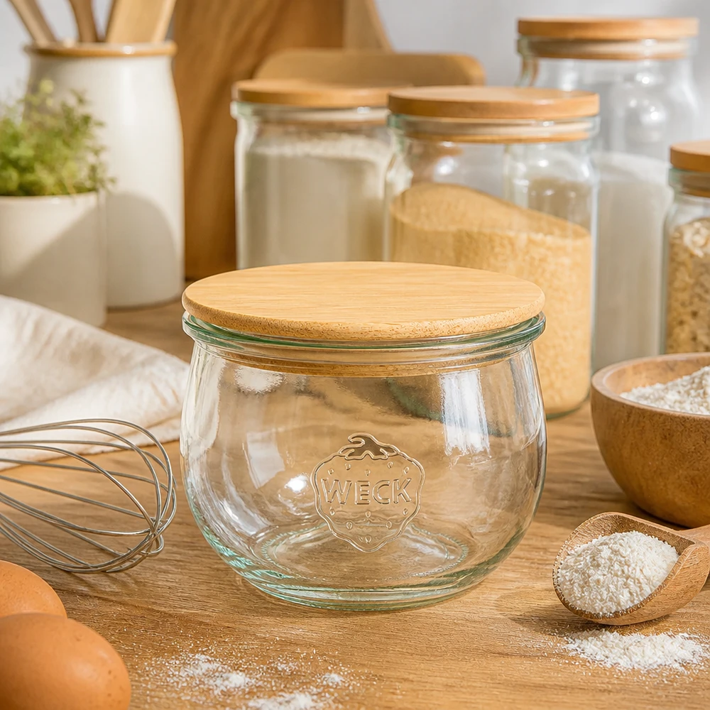 580ml Tulpenglas WECK RR100 mit Holzdeckel WECK Tulpenglas 580ml RR100 Holzdeckel Backzubehör Mehl Eier Schneebesen rustikale Kücheneinrichtung Vorratsglas