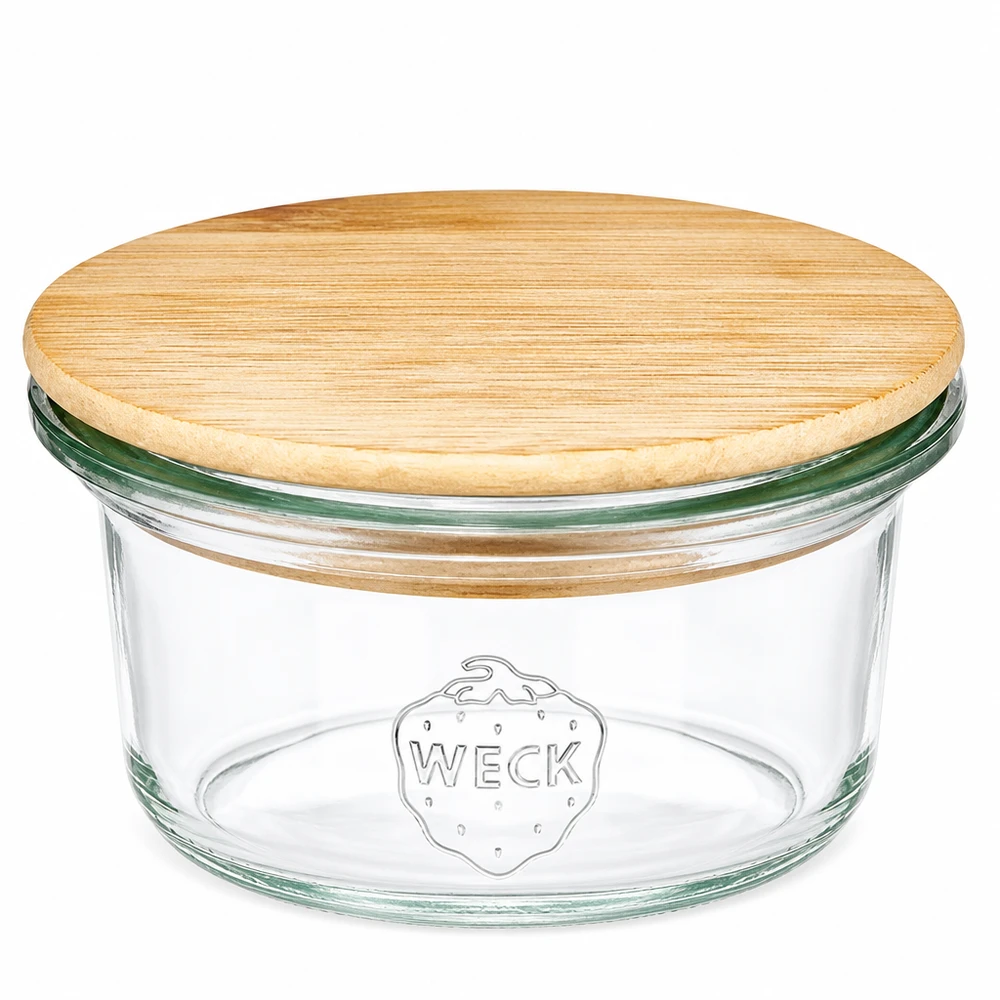 50ml Mini Sturzglas WECK RR60 mit Holzdeckel 50ml Mini Sturzglas WECK RR60 mit rundem Holzdeckel aus Bambus, transparentes Glas mit WECK Logo