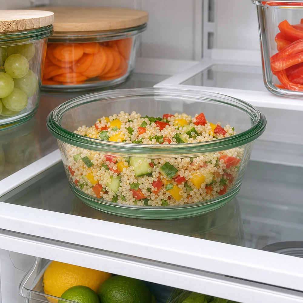 WECK RR120 Gourmetglas 300ml im Kühlschrank mit Quinoa-Salat zeigt praktische Aufbewahrung von Meal Prep Gerichten
