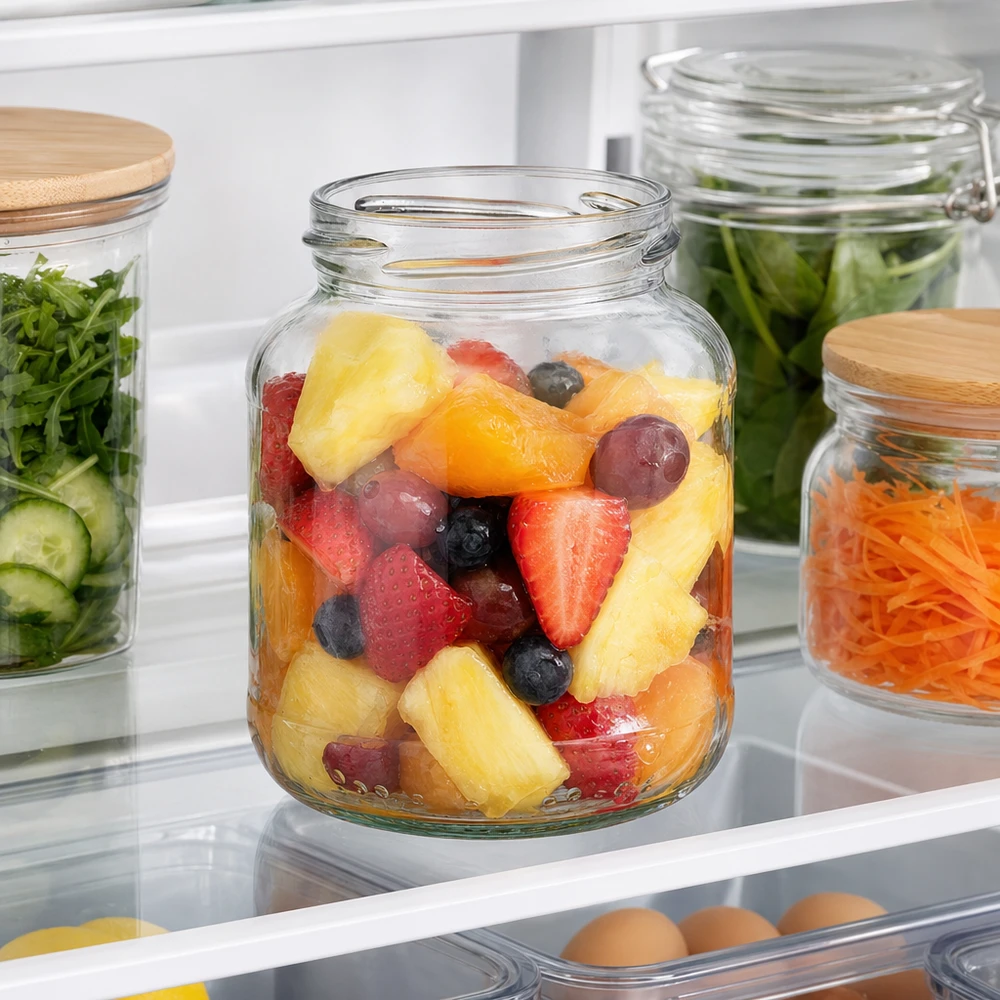 370ml Ovalglas ohne Deckel (TO66) UNiTWIST UNiTWIST Oval370 Einmachglas 370ml mit Obstsalat im Kühlschrank neben anderen Vorratsgläsern mit Gemüse
