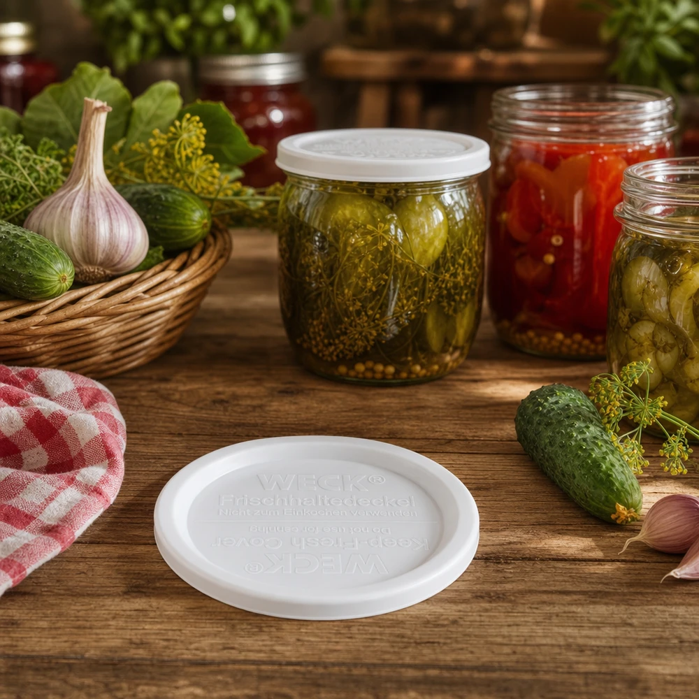 Coperchio WECK RR120 in cucina rustica con cetrioli, pomodori ed erbe fresche in salamoia