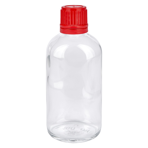 Bottiglia da 100ml 11mm SV rosso OV ClearLine UT18/100 Flacone in vetro trasparente da 100 ml con tappo a vite rosso e sigillo di integrità ClearLine