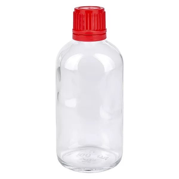 Flacon en verre transparent de 100 ml avec bouchon à vis rouge et bouchon d'inviolabilité ClearLine