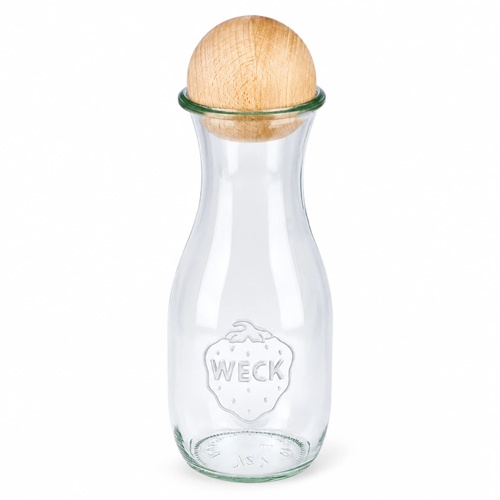 Bottiglia per succhi di frutta da 530 ml WECK RR60 con sfera in legno di faggio Bottiglia di succo WECK da 530 ml RR60 in vetro con chiusura a sfera in legno di faggio Bottiglia in vetro trasparente con logo WECK