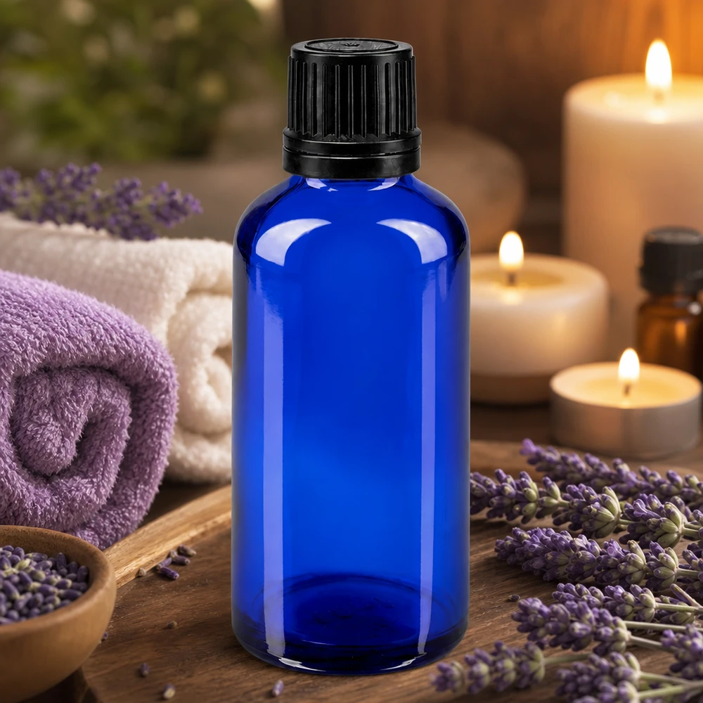 50ml blaue Medizinflasche aus Apothekerglas mit Originalverschluss für Naturkosmetik
