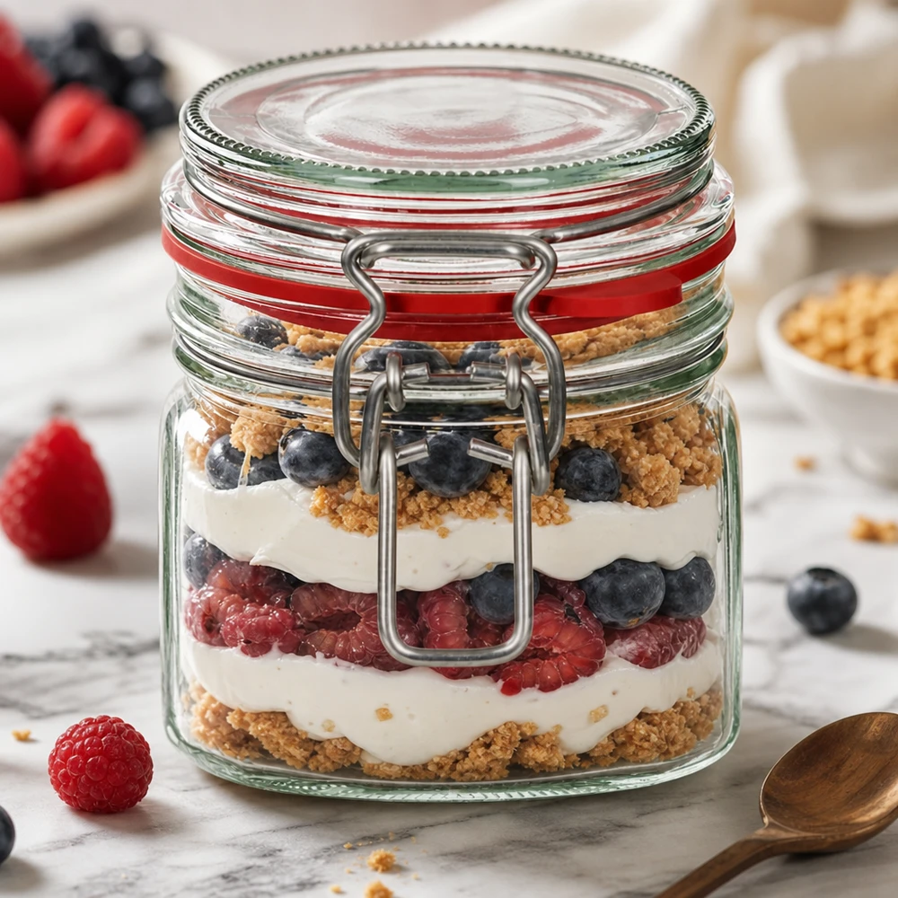 Bocal de conservation de 370 ml, type G, avec bouchon à clip UN.. Vielseitiges Vorratsglas 370ml mit Bügelverschluss für kreative Dessert-Präsentation