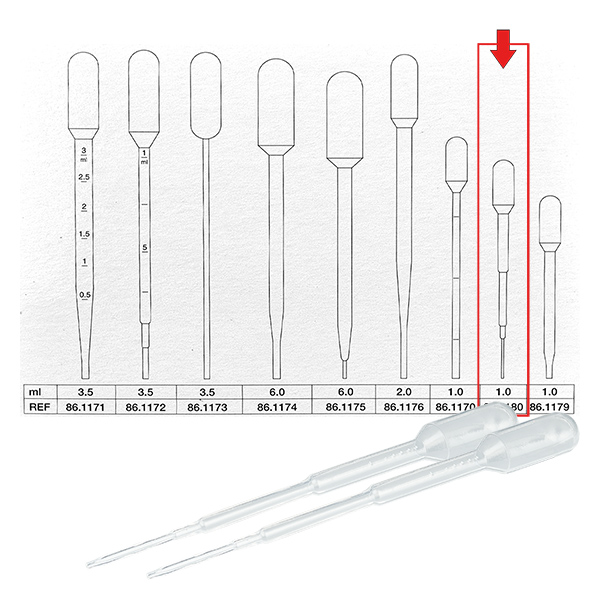 Pipetta di trasferimento, volume nominale: 1 ml, (LxL): 104 x 10 mm, mate Pipetta di trasferimento, volume nominale: 1 ml, (LxL): 104 x 10 mm, mate