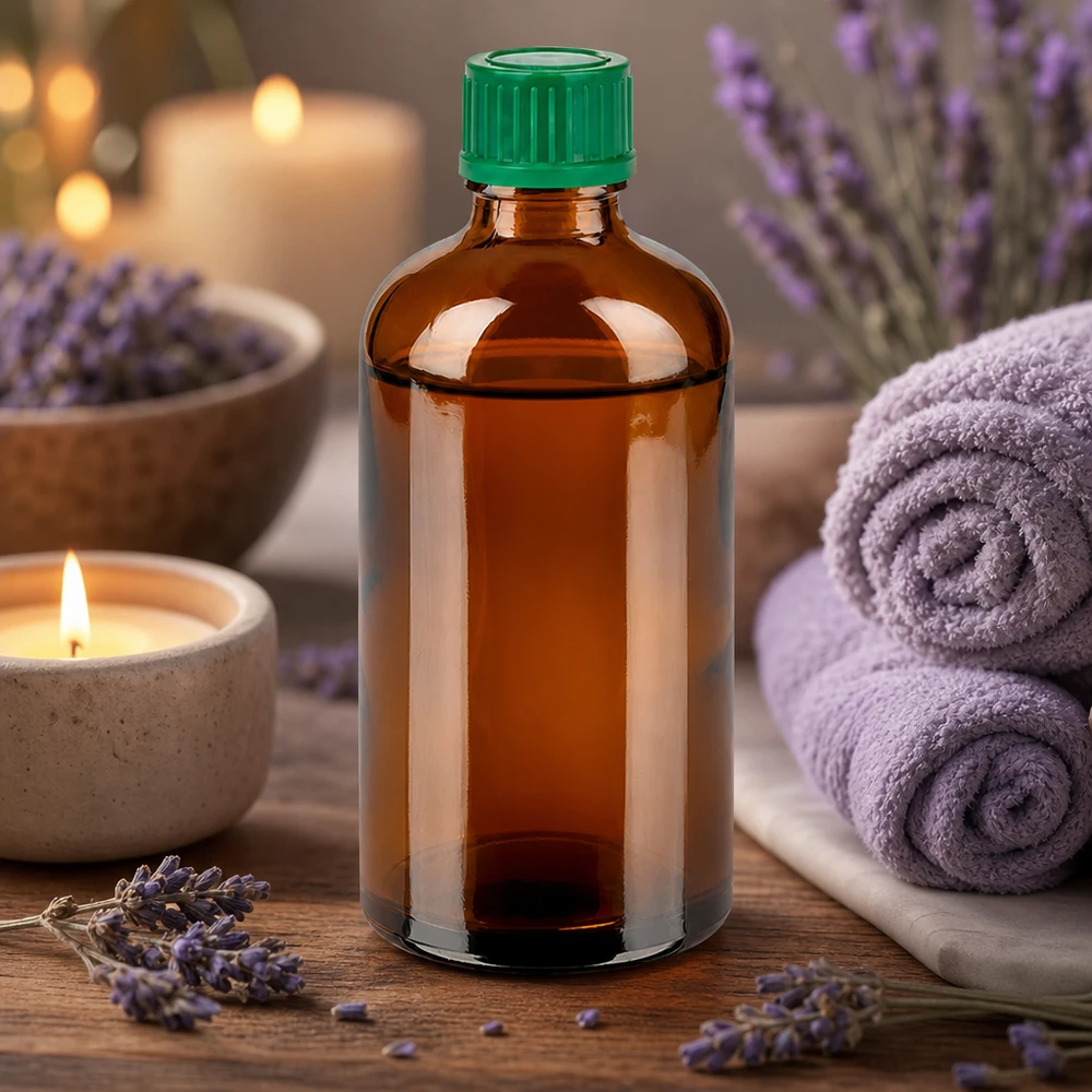 Flacone professionale in vetro da 100 ml di colore ambrato con tappo verde resistente agli agenti chimici