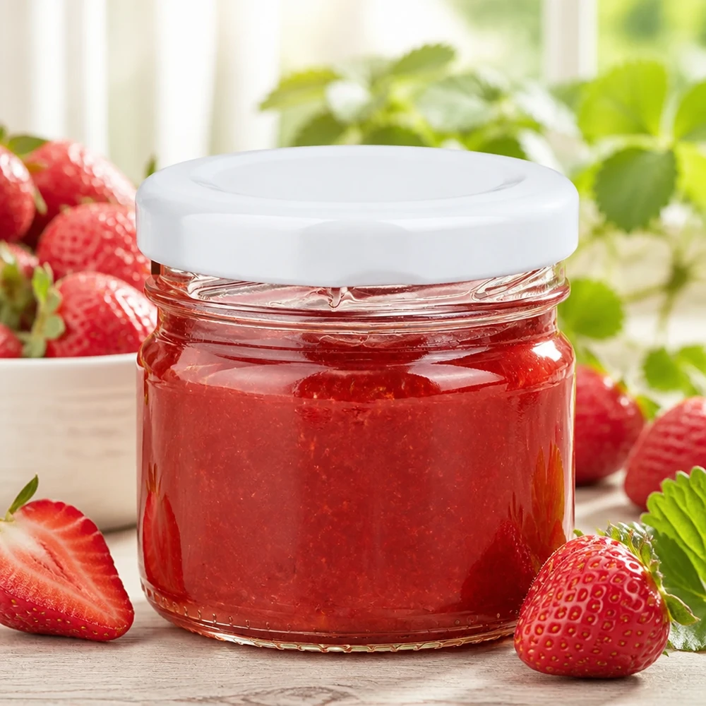 33ml Rundglas + BasicSeal Deckel weiss UNiTWIST Kleines Einmachglas 33ml von UNiTWIST mit Erdbeerconfiture und frischen Erdbeeren
