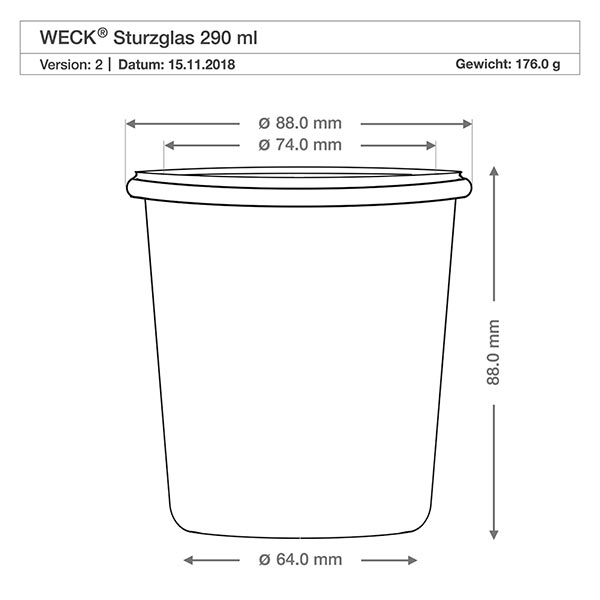 Vaso di vetro alto da 290 ml WECK RR80 Disegno tecnico dei tumbler WECK 290ml RR80 con dimensioni Diametro 88mm Altezza 88mm Peso 176g