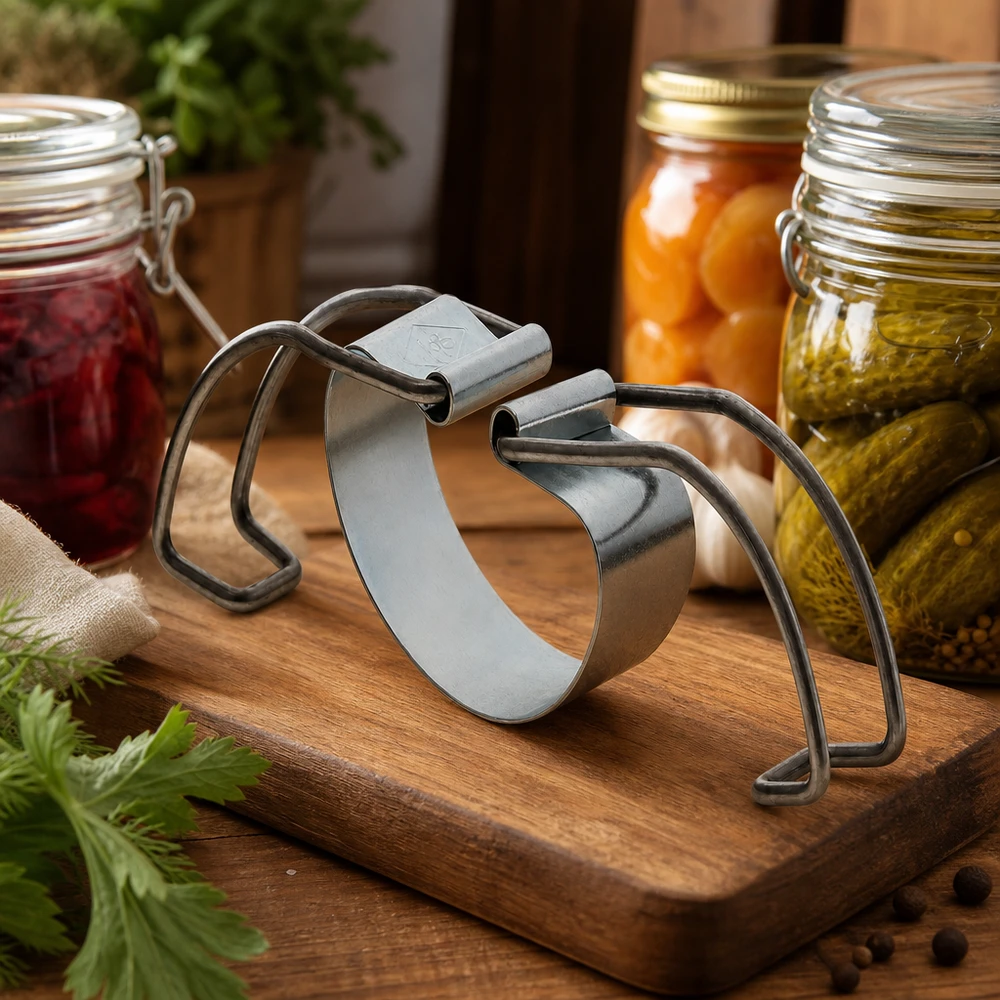 Scaffale per conserve RR100 su tavola di legno accanto a barattoli pieni di marmellata e verdure in salamoia