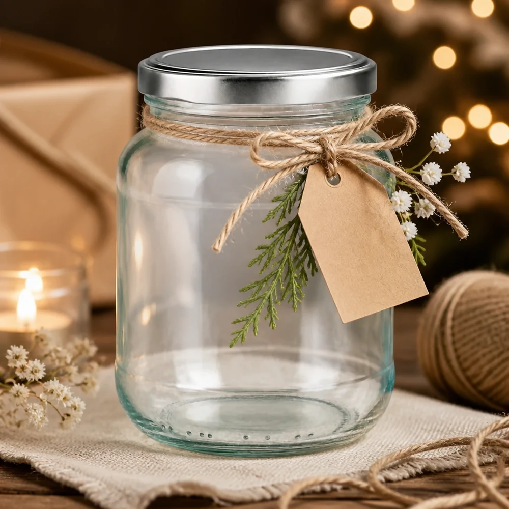 Vasetto ovale da 370 ml con coperchio BasicSeal argentato come idea regalo, decorato con cordoncino di iuta e cartellino regalo