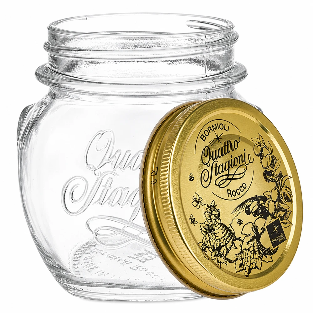 Barattolo rotondo "Quattro Stagioni" da 300 ml con coperchio Bormioli Rocco Quattro Stagioni Barattolo rotondo da 300 ml con coperchio a vite dorato Vasetto per conserve