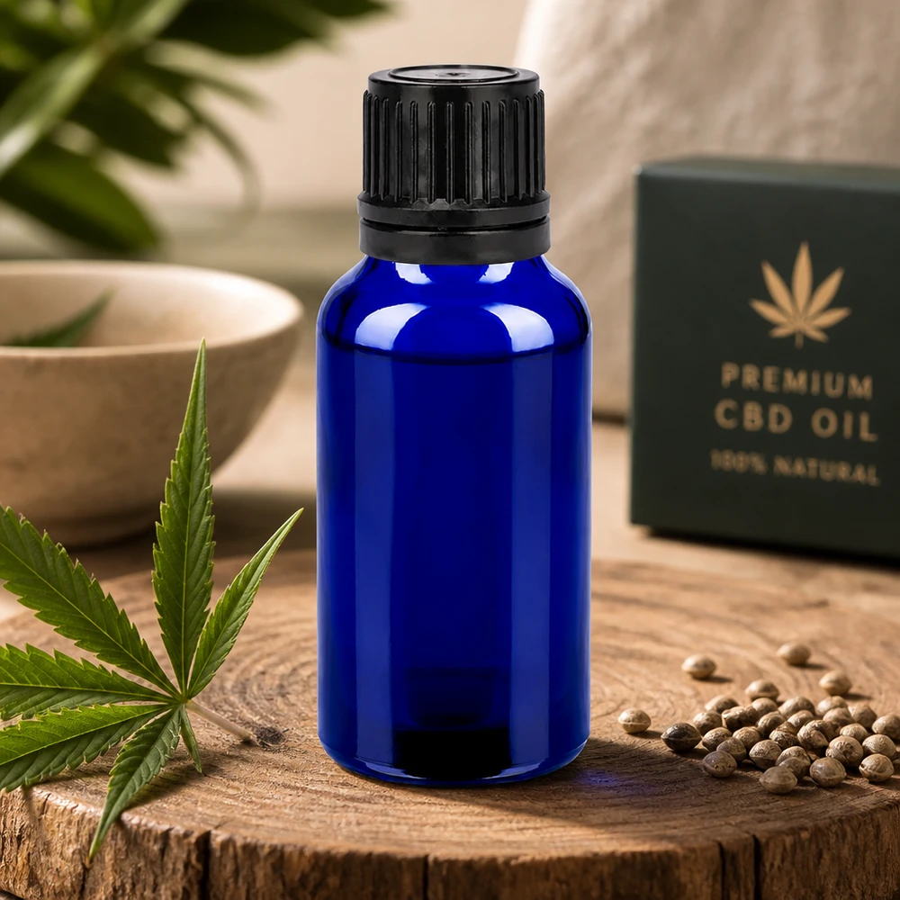 Flacone in vetro blu da 20 ml con SV nero da 11 mm per la conservazione sicura degli estratti