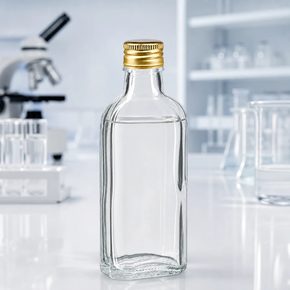 100ml Klarglasflasche rechteckige Meplat Form goldener Aluschraubverschluss PP22 weiß