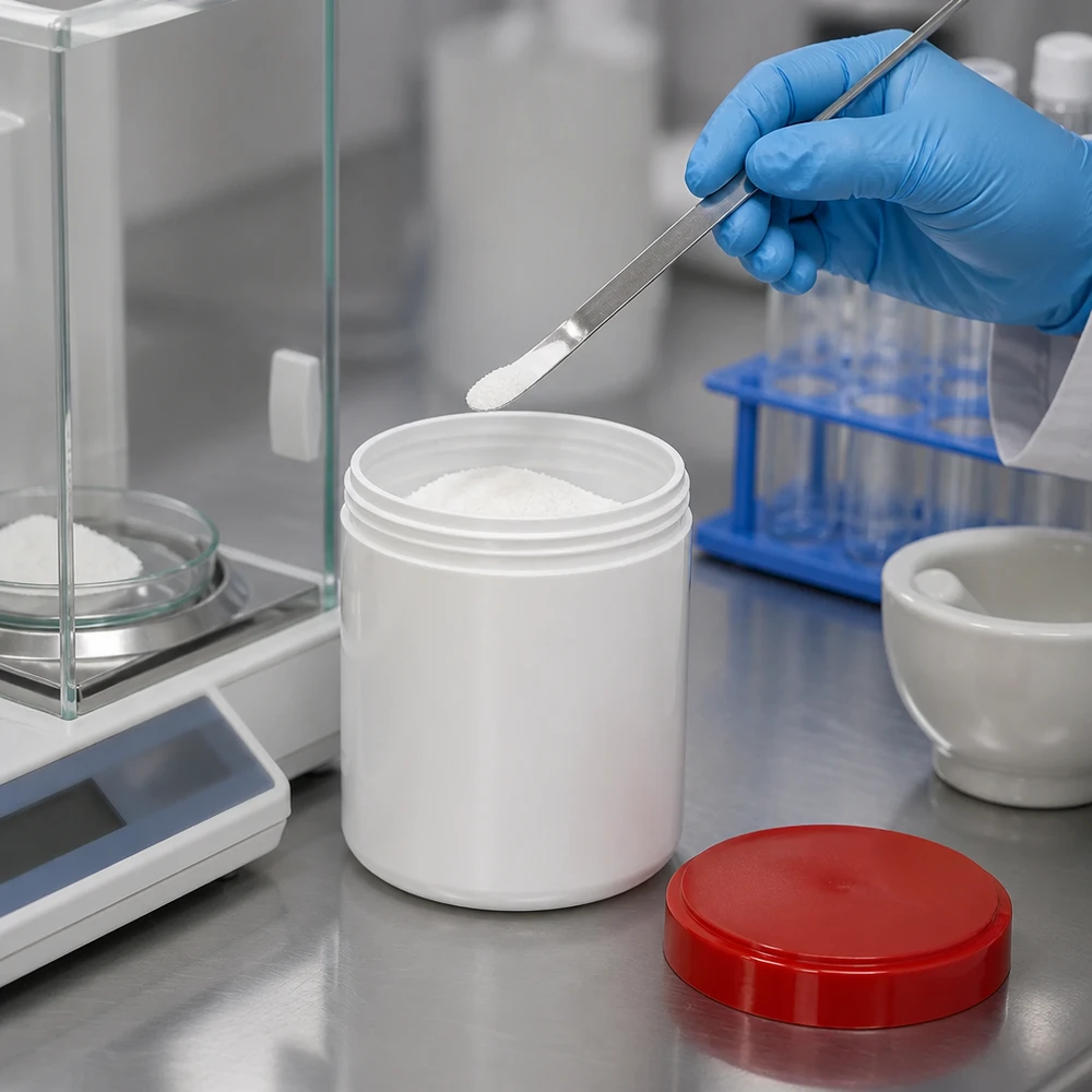 Conditionnement pharmaceutique d'une substance blanche dans un flacon en plastique muni d'un bouchon rouge