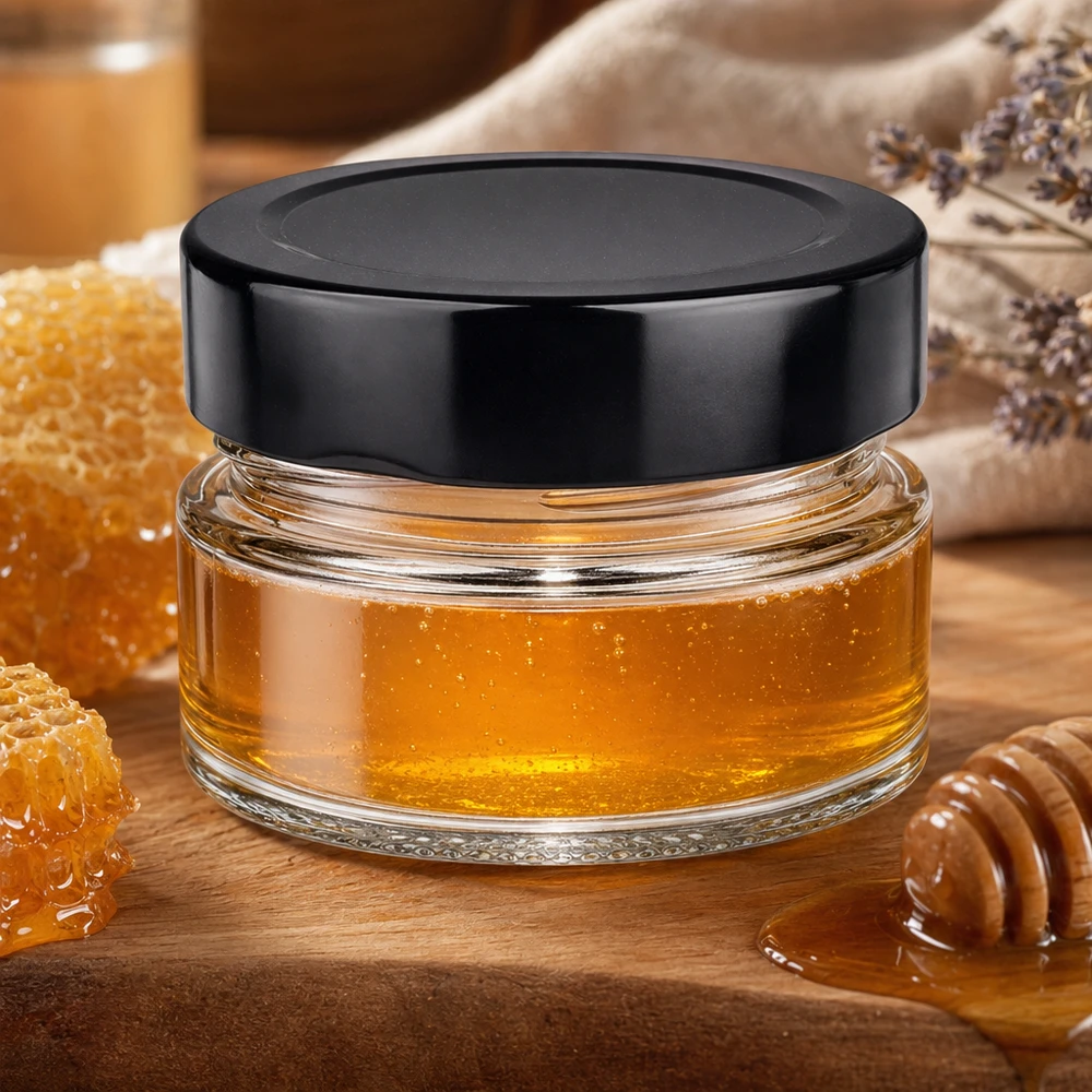 Vasetto rotondo da 80 ml con coperchio nero BasicSeal pieno di miele Cucchiaio di legno a nido d'ape scena naturale di cucina