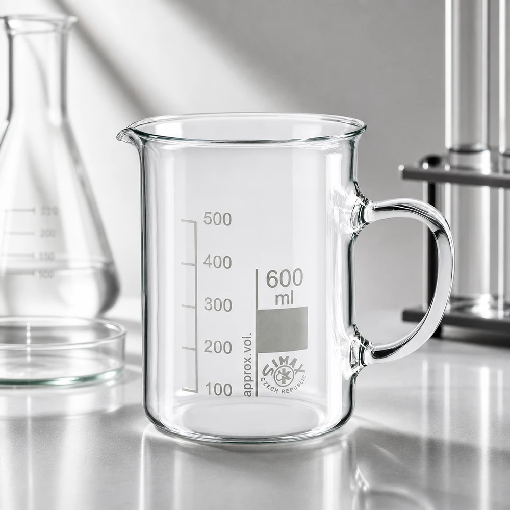 Bicchiere da 600 ml in vetro borosilicato, con manico Bicchiere di vetro vuoto da 600 ml con manico della SIMAX (Repubblica Ceca) sul piano di lavoro del laboratorio