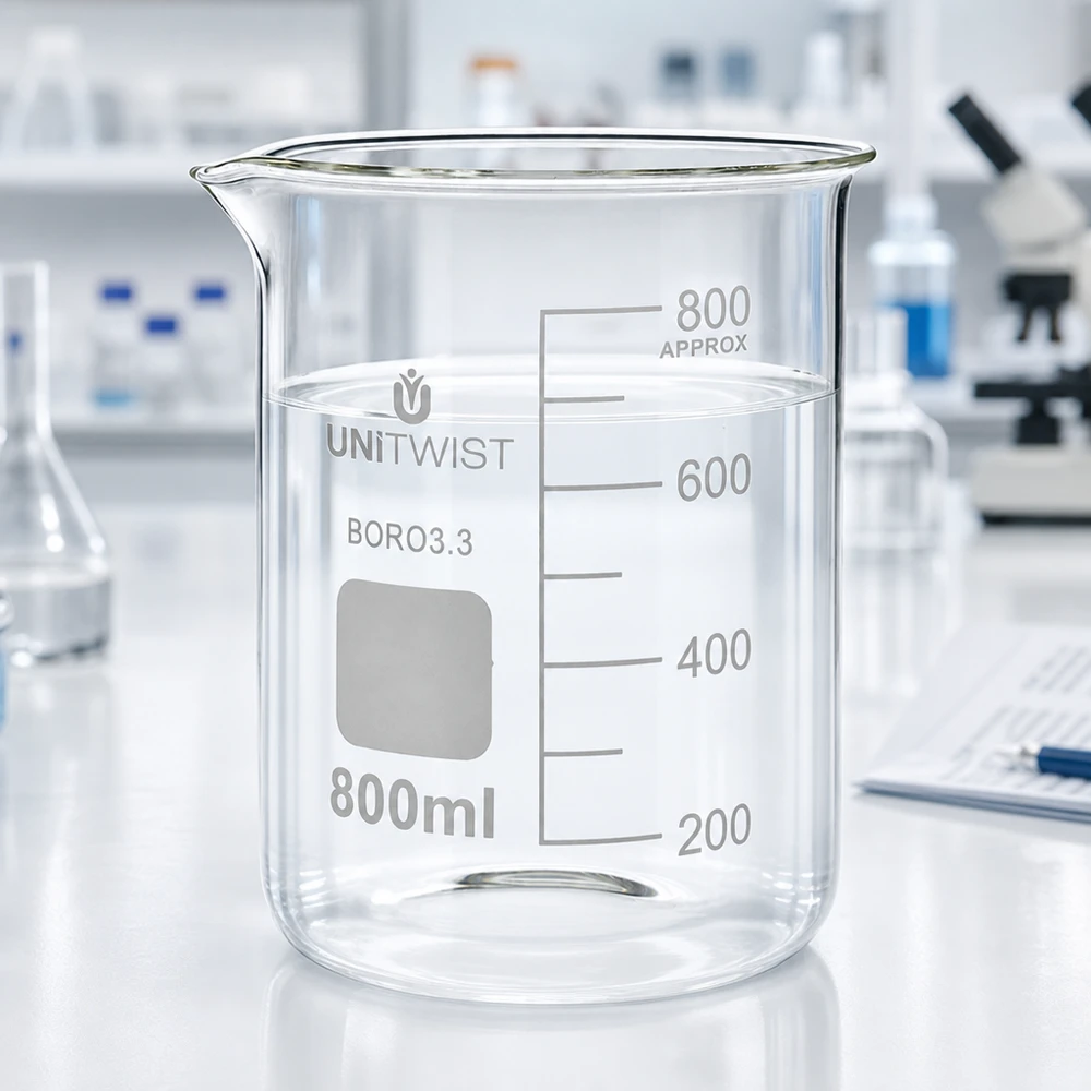 Becherglas 800ml Borosilikat, niedrige Form UNiTWIST UNiTWIST Laborbecherglas 800ml niedrige Form hitzebeständiges Borosilikat 3.3 mit Mikroskop