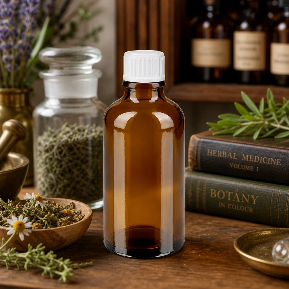 Apothekenflasche braun 50ml Schraubverschluss weiß Standard Kompakte 50ml Braunflasche aus Apothekerglas mit kindersicherem Weißverschluss für Tinkturen