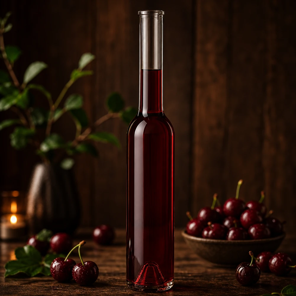 200ml Glasflasche Hugo mit rotem Kirschlikör befüllt frische Kirschen Schale warme Beleuchtung Holztisch