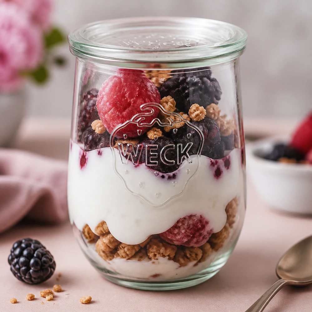 Barattolo a tulipano da 1062 ml con coperchio in vetro WECK RR100 WECK vaso tulipano 1062ml riempito di yogurt bacche muesli dessert a strati RR100 vaso coperchio colazione parfait rosa backgru