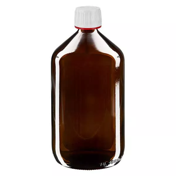 1000ml Medizinflasche braun, Verschluss weiß mit Originalitätsring rot ApoGlas 1000ml Medizinflasche braun, Verschluss weiß mit Originalitätsring rot ApoGlas