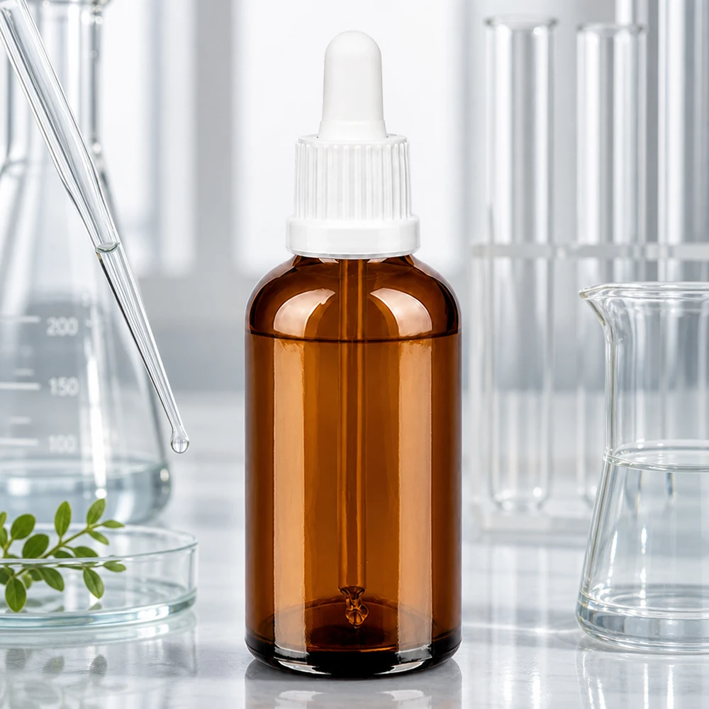 Flacon à pipette de 50ml en verre brun avec compte-gouttes pour la cosmétique et l'aromathérapie